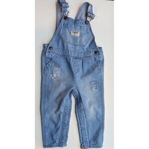 Vintage Oshkosh Bib Overalls Blue Denim Romper w/Floral Pockets Girl 18 Months